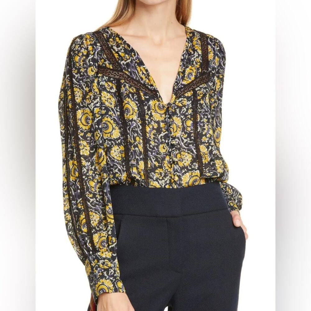 Veronica Beard Tarry Boho Silk Blouse blue and yellow floral and lace size 0